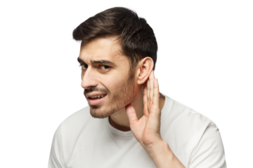 Young man pressing hand to ear trying to hear something better