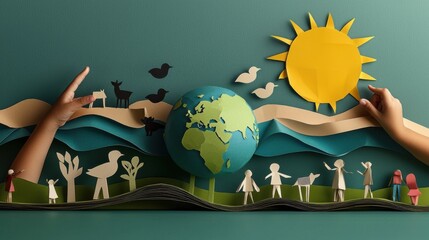 A serene oceanic backdrop featuring a green and blue globe made of kraft paper, safeguarded by the hands of children from various ethnic backgrounds. The scene includes whimsical paper trees and