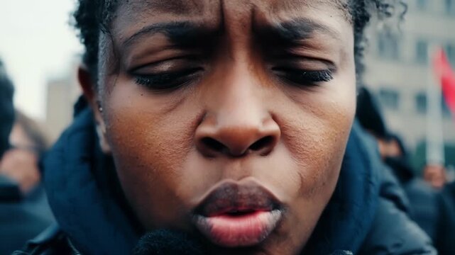 A closeup of a protesters face tears streaming down as they continue to chant with unwavering determination.