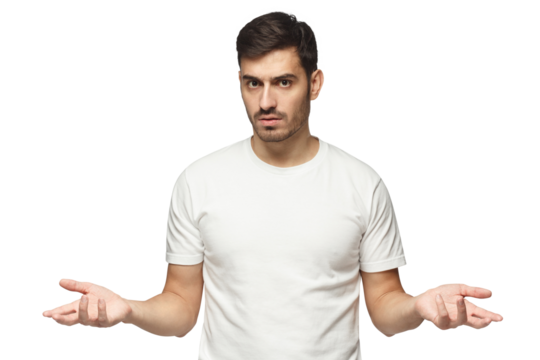 Young man spreading hands not knowing what to do
