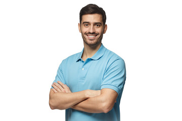 Portrait of young european man standing in blue polo shirt with crossed arms, smiling and  looking at camera