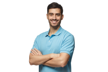 Portrait of young european man standing in blue polo shirt with crossed arms, smiling and  looking at camera