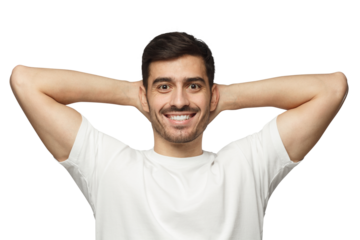 Man standing with arms behind head, relaxing peacefully in free time