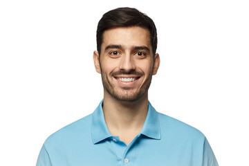 Close-up portrait of young smiling handsome man in blue polo shirt