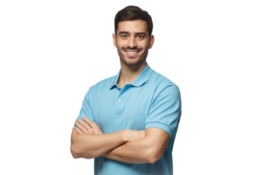 Portrait of young european man standing in blue polo shirt with crossed arms, smiling and  looking at camera