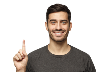 Handsome young man pointing up with his finger