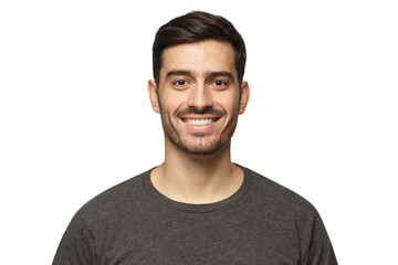 Close-up portrait of smiling handsome young man in casual gray t-shirt