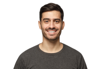 Close-up portrait of smiling handsome young man in casual gray t-shirt