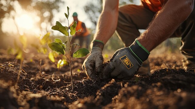 A close-up of a nature management team in action, planting native trees in a reforestation project. The scene captures detailed interactions with the environment, including soil preparation and