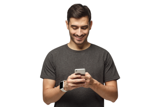 Young man standing, looking at screen of phone with smile, browsing web pages or chatting with friend