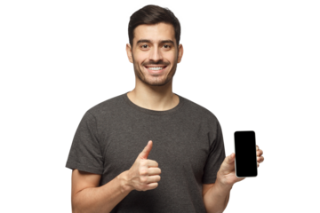 Happy young man holding blank smartphone, smiling at camera, showing thubms up gesture