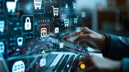 Obraz premium Digital Banking and Financial Technology Concept. A person presents digital banking and financial technology icons, and currency symbols, emphasizing modern online payment systems and e-commerce.