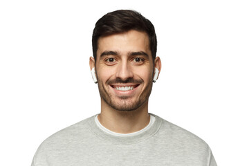 Close-up portrait of young smiling handsome man with earphones