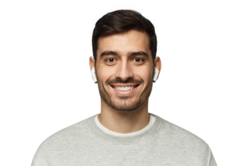 Close-up portrait of young smiling handsome man with earphones