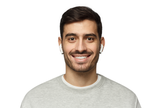 Close-up portrait of young smiling handsome man with earphones