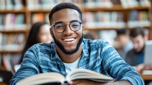 A smiling student enthusiastically reads a book in a library filled with shelves of books, exuding a passion for learning and an environment rich in knowledge and academic growth.