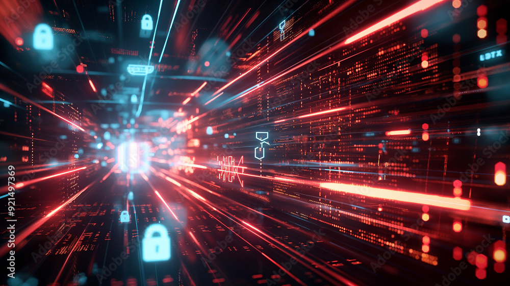 Poster a secure digital data transfer with encrypted data streams flowing between devices. including lock i