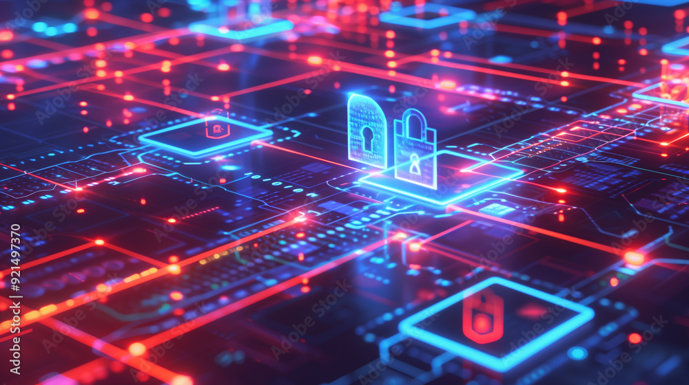 Poster a secure digital data transfer with encrypted data streams flowing between devices. Including lock icons, shields, and glowing data paths to emphasize security, cybersecurity concept 