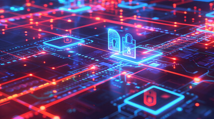 a secure digital data transfer with encrypted data streams flowing between devices. Including lock icons, shields, and glowing data paths to emphasize security, cybersecurity concept 