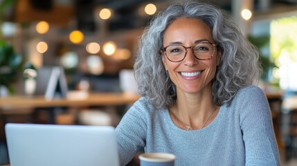 An older woman with glasses and grey hair is joyfully using her laptop in a cafe. The environment and her expression signify a positive and productive work atmosphere.