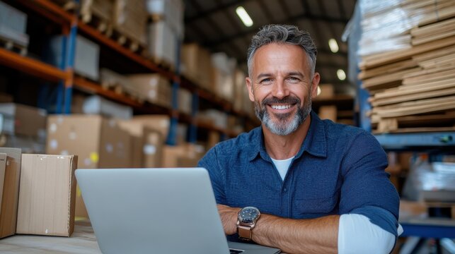 A man with gray hair and beard smiling while working on a laptop computer inside a warehouse filled with shelves and boxes, projecting a professional attitude.