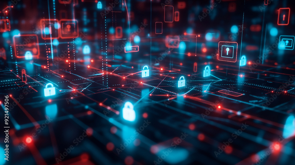 Poster a secure digital data transfer with encrypted data streams flowing between devices. including lock i