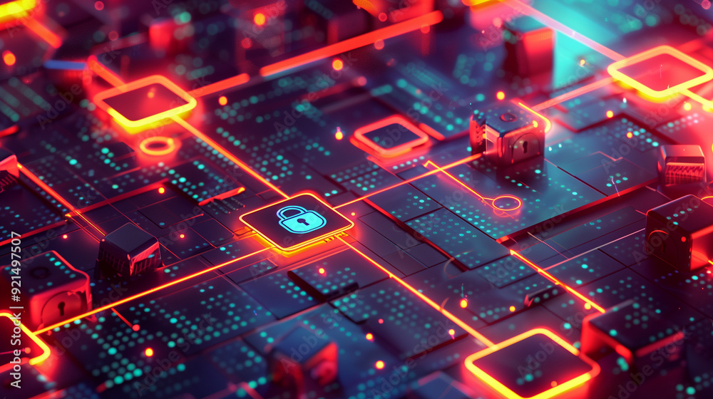 Poster a secure digital data transfer with encrypted data streams flowing between devices. including lock i