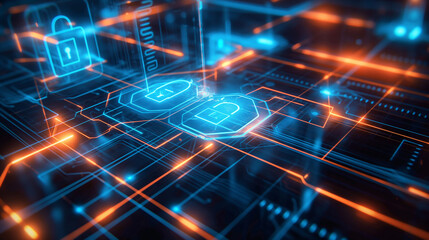 a secure digital data transfer with encrypted data streams flowing between devices. Including lock icons, shields, and glowing data paths to emphasize security, cybersecurity concept 