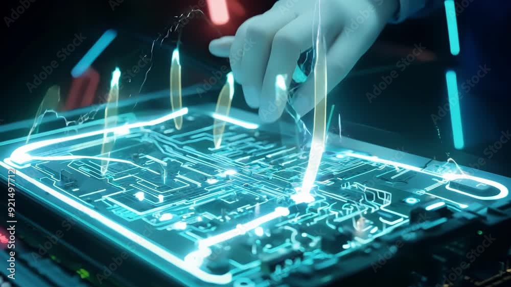 Poster hands interact with illuminated circuit designs, showcasing advanced technology and innovative engin