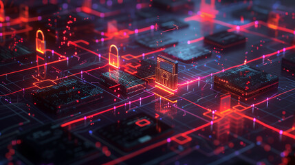 a secure digital data transfer with encrypted data streams flowing between devices. Including lock icons, shields, and glowing data paths to emphasize security, cybersecurity concept 