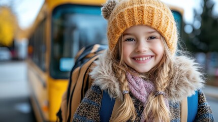 A young girl wearing a beanie and a backpack stands cheerfully in front of a school bus, looking ready and excited for her school day ahead.