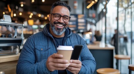 A man with glasses and beard is contently holding a coffee cup and using his phone in a chic, modern café, embodying the cozy, urban café culture and digital connectedness.