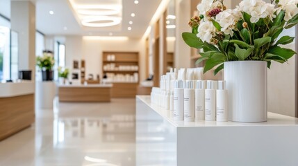A bright, spacious beauty salon interior featuring shelves stocked with various skincare products and elegant flower arrangements, creating an inviting and professional environment.