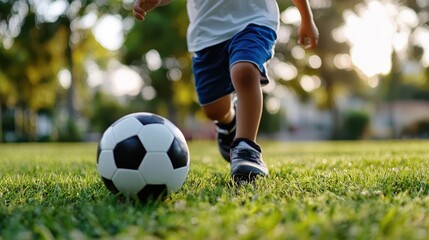 Obraz premium An action shot of a child in blue shorts and white shirt kicking a soccer ball on a green field, with sunlight filtering through trees in the background.