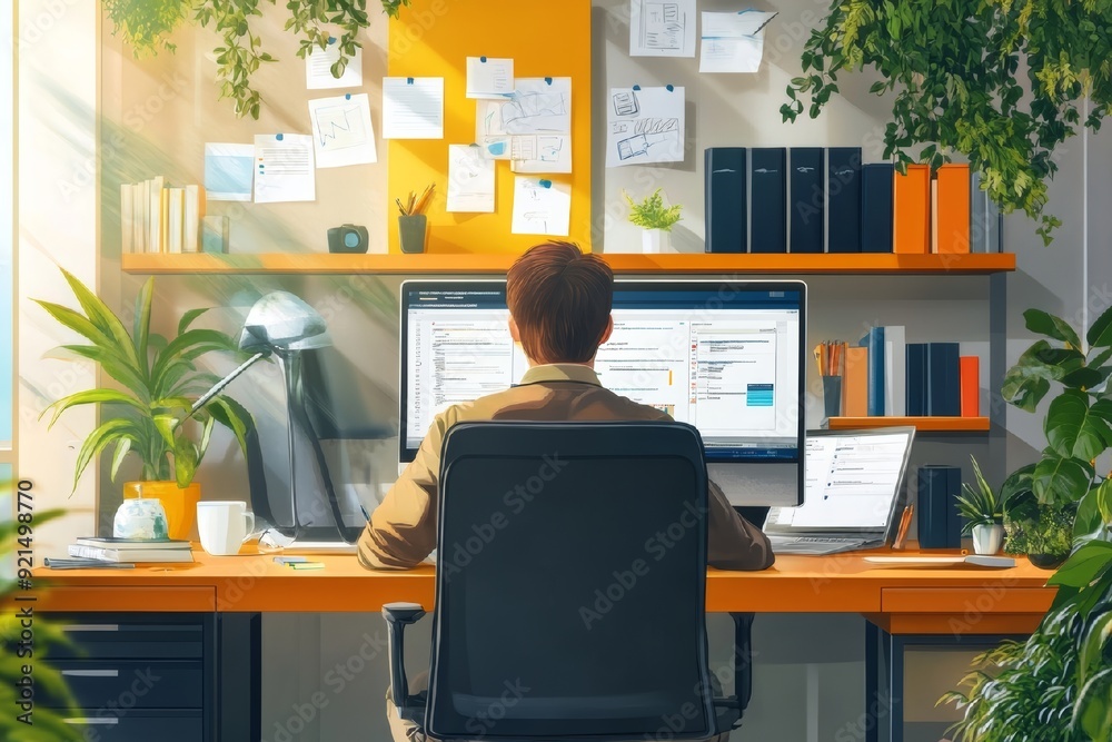 Poster man working at a desk with two computer monitors