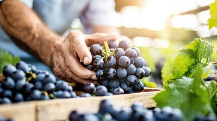 A person arranges freshly picked grapes in a vineyard, highlighting the careful handling and sunny environment that contributes to the quality of the fruit.