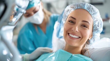 A female dentist assistant in full surgical gear, including a face mask, hair cover, and gown, smiles warmly in an operating room, with another masked team member in the background.