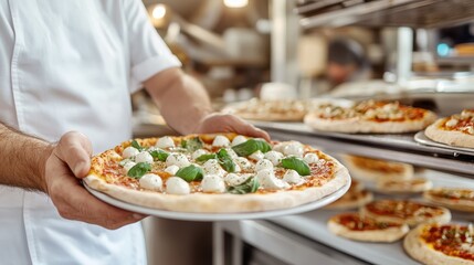 A chef presenting a freshly prepared pizza topped with basil leaves, mozzarella balls, and spices, ready to serve in a bustling professional kitchen environment.