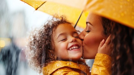 A mother embraces and kisses her child under a bright yellow umbrella in rainy weather, both smiling and creating a heartwarming and affectionate moment despite the rain.
