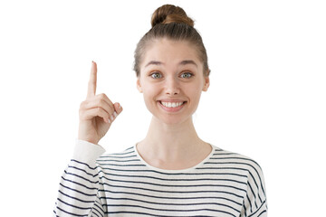 Portrait of young naturally looking woman, showing idea gesture with smile and eyes wide open