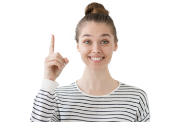 Portrait of young naturally looking woman, showing idea gesture with smile and eyes wide open