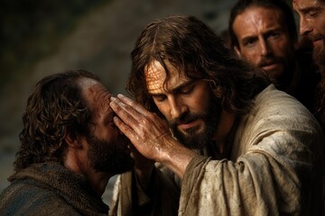 Compassionate miracle: Jesus Christ restores sight to blind man, demonstrating divine love, power, moment of profound faith, healing that transforms life through touch of Savior’s hand.