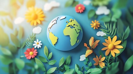 A colorful illustration of the Earth surrounded by vibrant flowers and foliage, symbolizing nature and environmental harmony.
