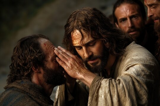 Compassionate miracle: Jesus Christ restores sight to blind man, demonstrating divine love, power, moment of profound faith, healing that transforms life through touch of Savior’s hand.