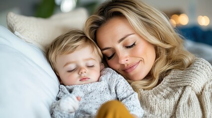 Obraz premium A mother and her child snuggle under a blanket in a cozy, warmly lit bedroom, showcasing a heartwarming moment of family bonding and affection during quiet time together.