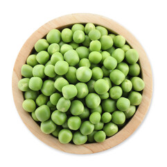 Fresh green peas in bowl isolated on white, top view