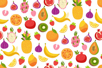 Fruits berries hand drawn seamless pattern. Sliced orange, papaya pineapple, dragon fruits trendy boundless background. Juicy kiwi, banana pomegranate, strawberry, cherry endless cartoon vector design