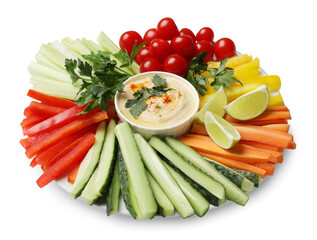 Tasty homemade hummus and different vegetables isolated on white