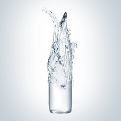Splashing water continuing shape of bottle on light background