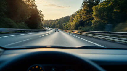 Obraz premium POV from Driving Car on a Highway Illustrating Sense of Motion and Journey